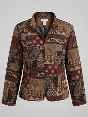 Dressbarn Vintage Plus Size Patchwork Multicolor Tapestry Zip-Front Jacket Sz 2X